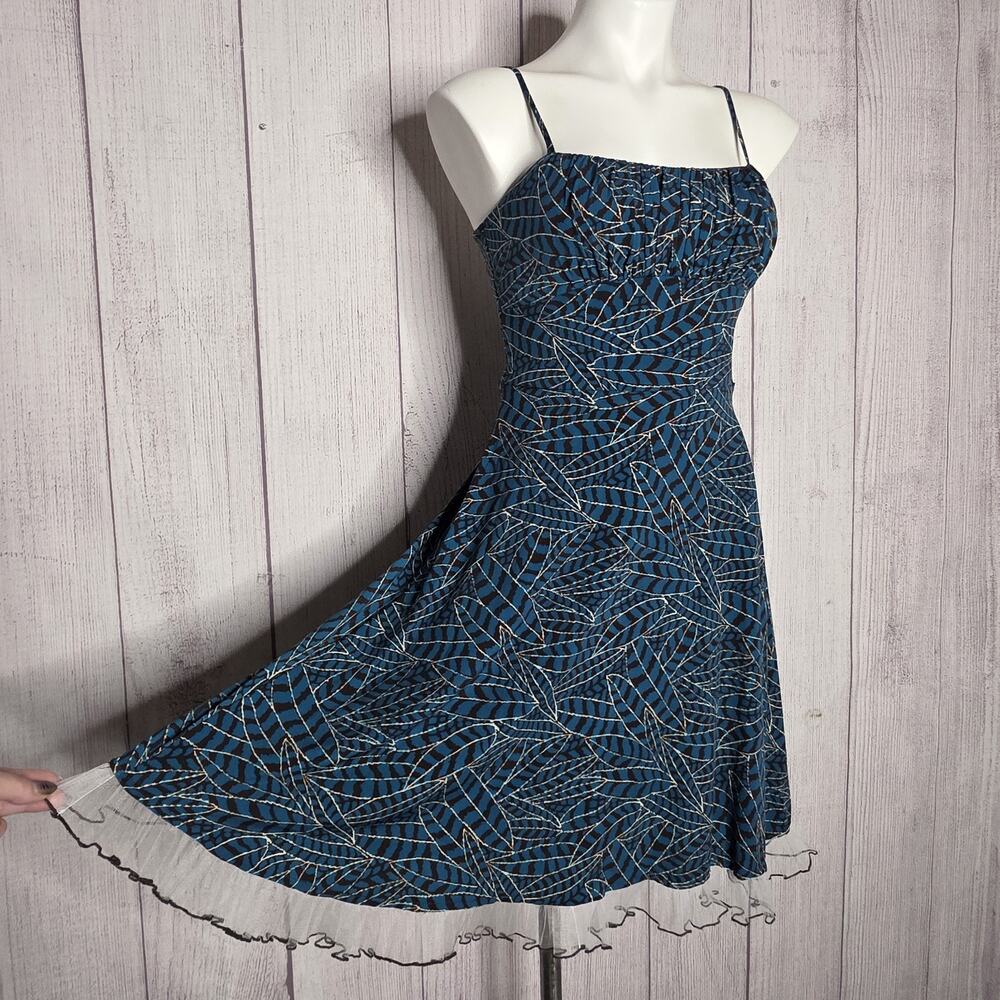 Y2K Alyn Paige Blue Tropical Leaf Print Ruffle Hem Slip Party Dress, Small